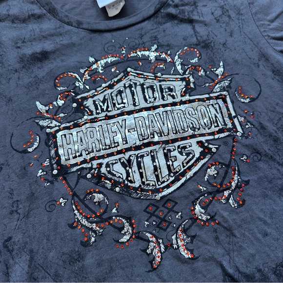 Harley Davidson | Gray & Orange Bling V-Neck Short Sleeve Tee | Size Medium - Picture 2 of 8